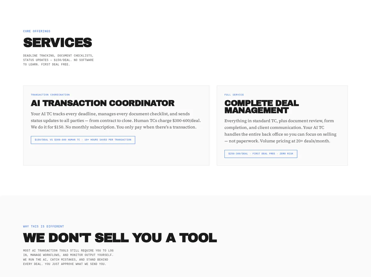 Hive42 AI transaction coordination service tiers and flat-fee pricing