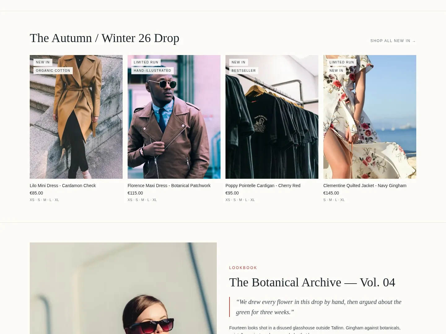 Harbor seasonal storefront with four editorial product cards, collection details, and a lookbook section