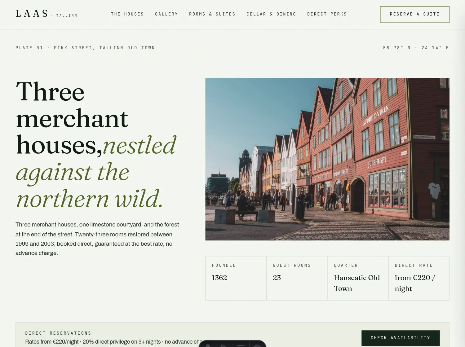 Laas boutique hotel website: a heritage hotel story, full-width property photograph, and carefully ordered room details