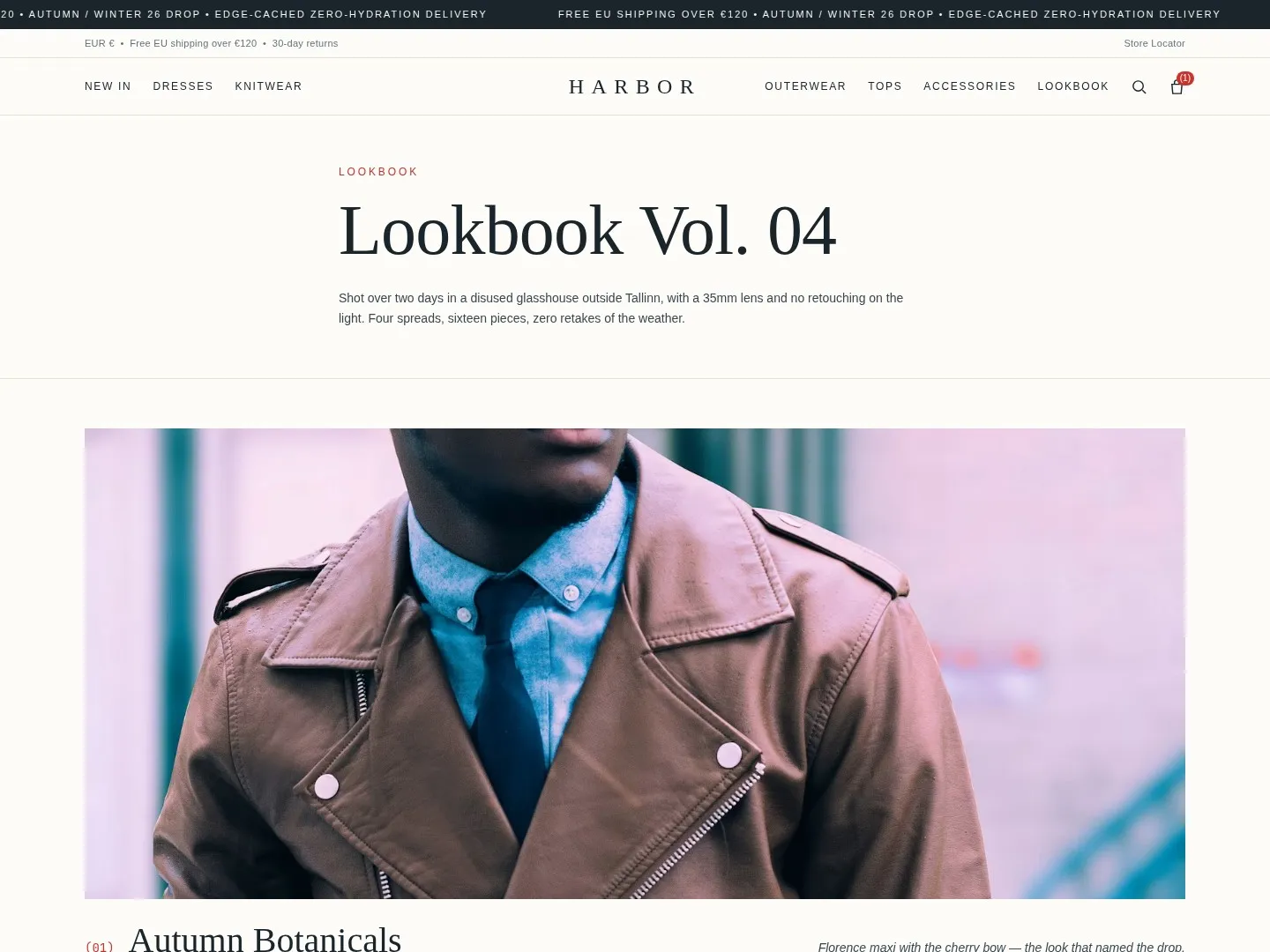 Harbor campaign landing page: seasonal editorial photography, collection story, and product choices in one composed storefront