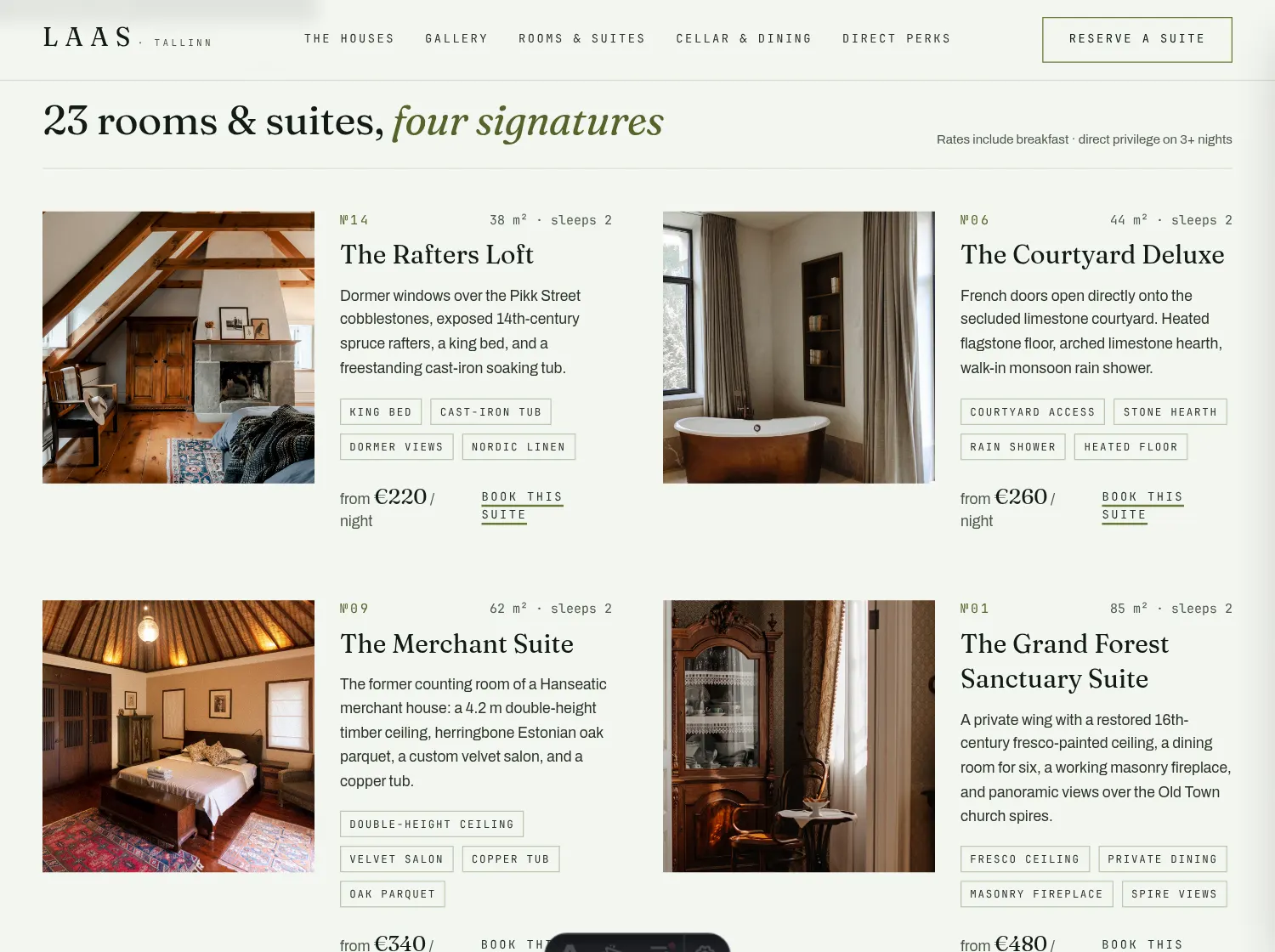 Laas room catalogue showing photography, room descriptions, amenities, rates, and booking links in a consistent layout