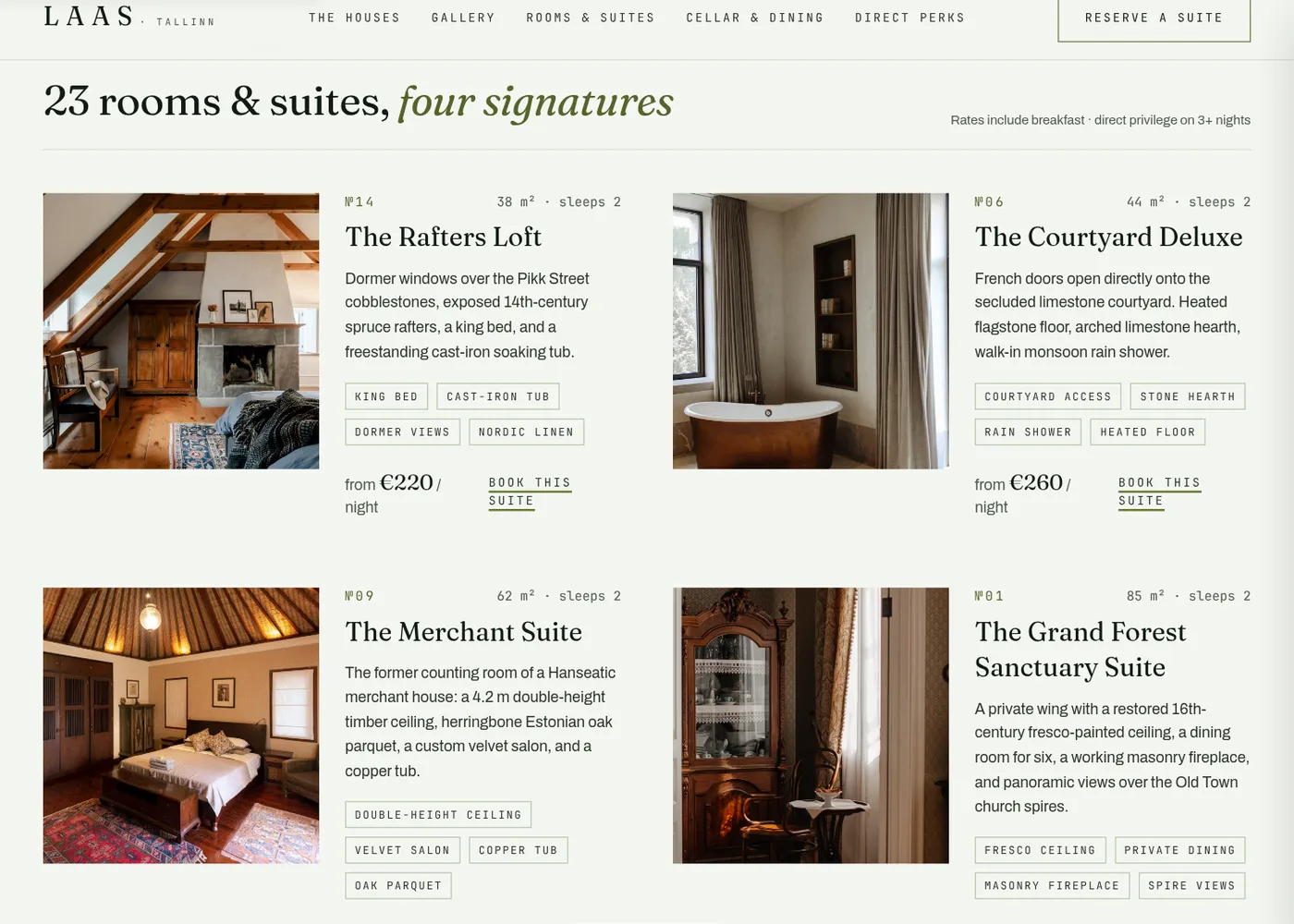 Laas room catalog: four signature suites with rates, tags, and direct-booking calls