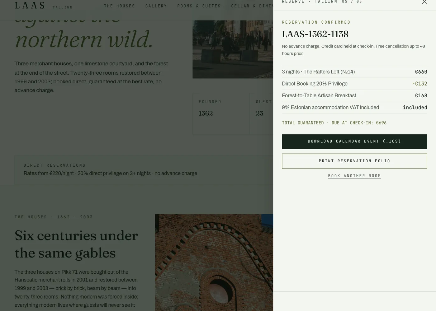 Laas booking drawer: confirmed reservation folio with direct-booking discount and VAT line